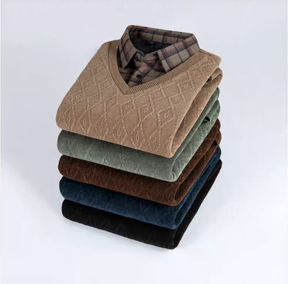 V-Neck Layered Sweater Shirt with Check Collar – Premium Winter Casual Wear