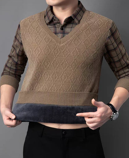 V-Neck Layered Sweater Shirt with Check Collar – Premium Winter Casual Wear