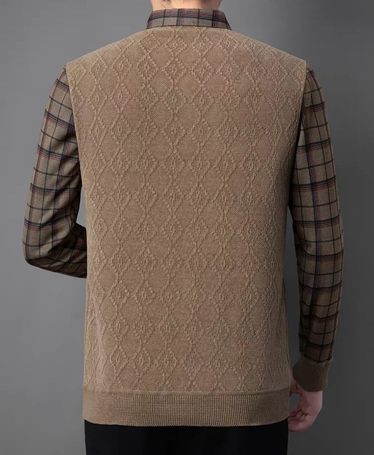 V-Neck Layered Sweater Shirt with Check Collar – Premium Winter Casual Wear