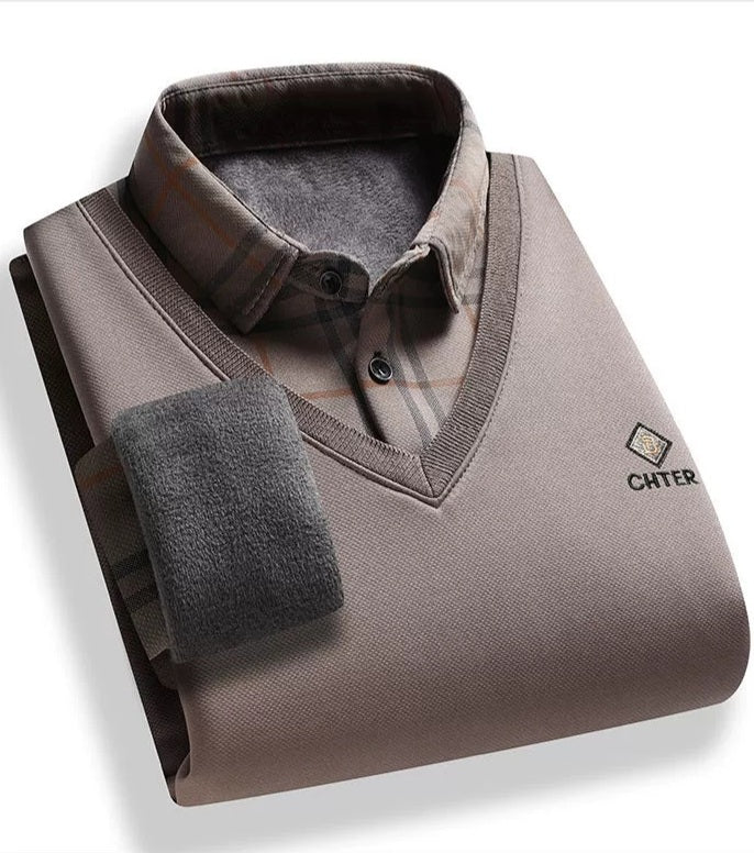 Premium V-Neck Winter Sweater with Built-In Checked Shirt Collar – Soft Warm Casual Wear