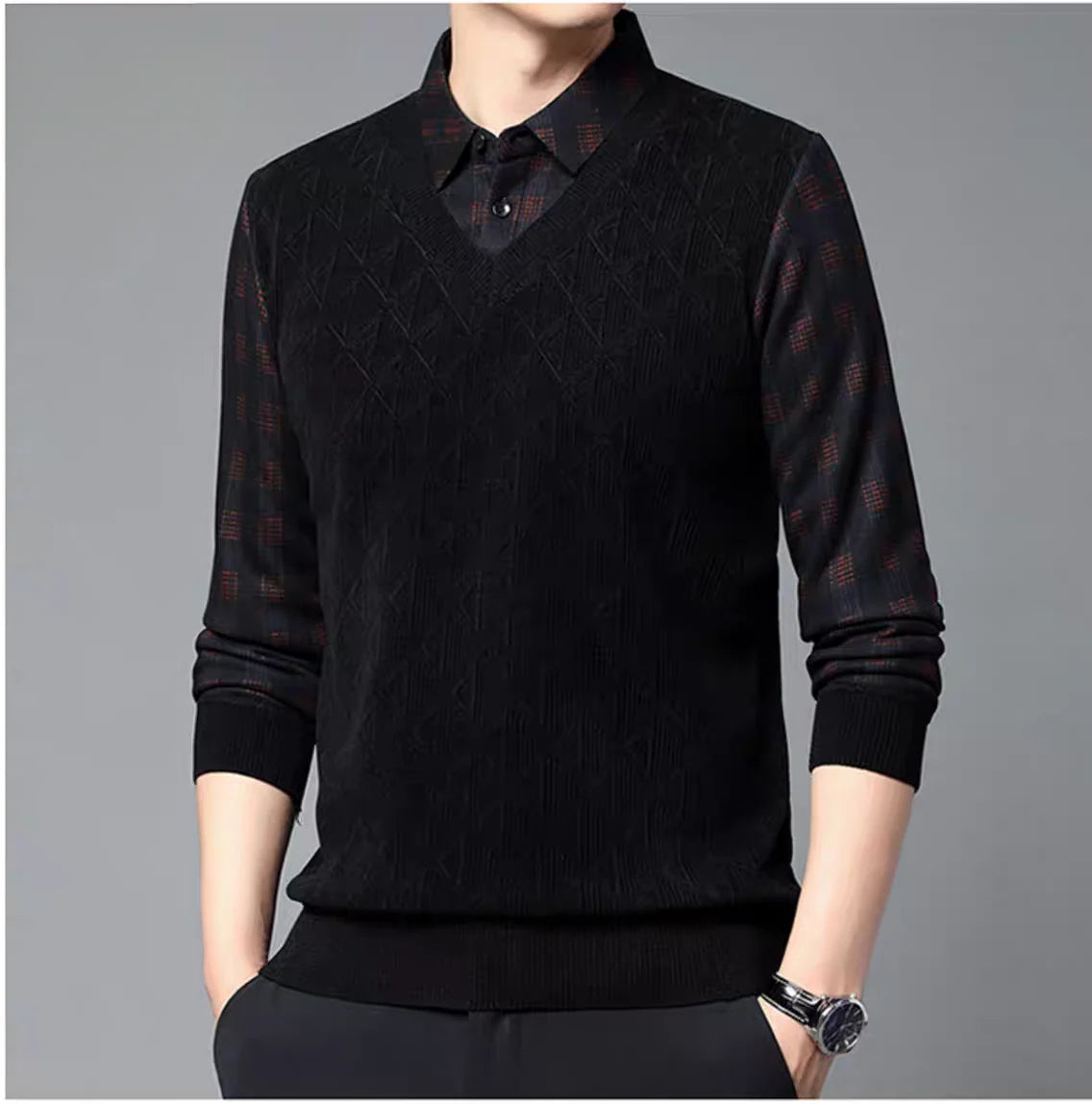 V-Neck Layered Sweater Shirt with Check Collar – Premium Winter Casual Wear