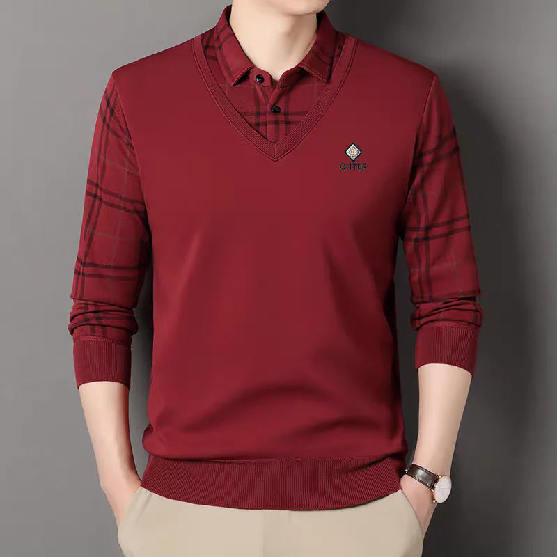 V-Neck Layered Sweater Shirt with Check Collar – Premium Winter Casual Wear