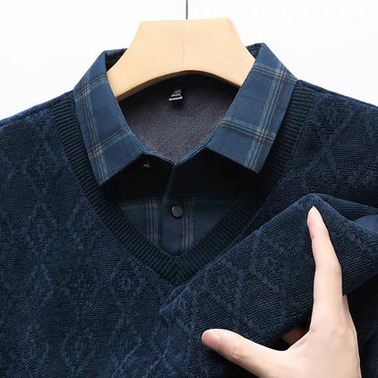 V-Neck Layered Sweater Shirt with Check Collar – Premium Winter Casual Wear