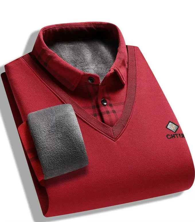 Premium V-Neck Winter Sweater with Built-In Checked Shirt Collar – Soft Warm Casual Wear