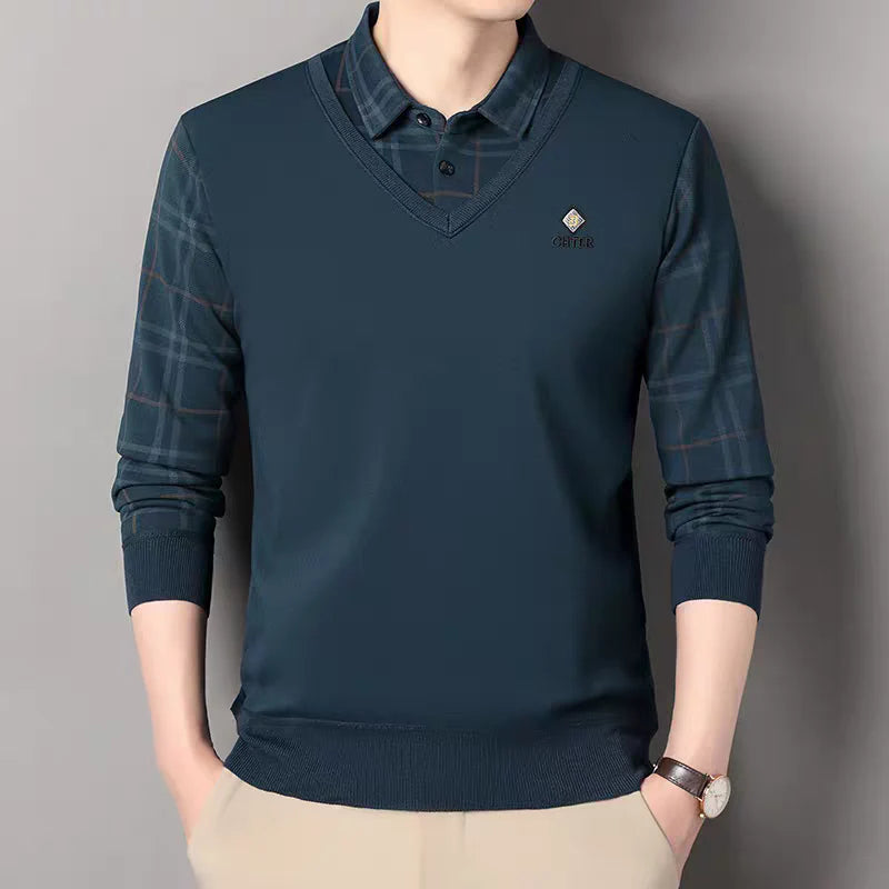 V-Neck Layered Sweater Shirt with Check Collar – Premium Winter Casual Wear