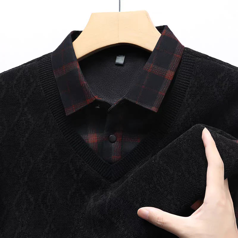V-Neck Layered Sweater Shirt with Check Collar – Premium Winter Casual Wear