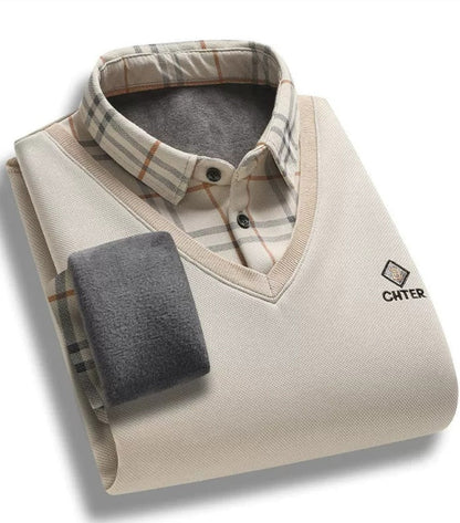 Premium V-Neck Winter Sweater with Built-In Checked Shirt Collar – Soft Warm Casual Wear
