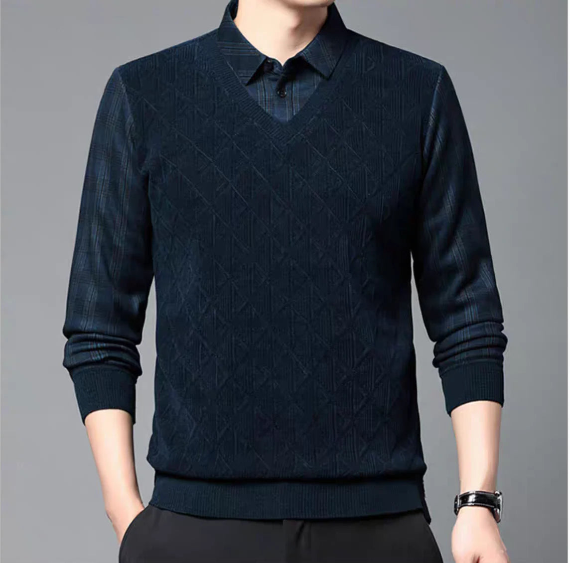 V-Neck Layered Sweater Shirt with Check Collar – Premium Winter Casual Wear