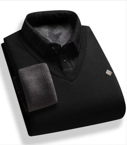 Premium V-Neck Winter Sweater with Built-In Checked Shirt Collar – Soft Warm Casual Wear