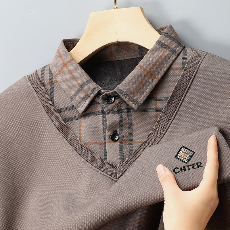 V-Neck Layered Sweater Shirt with Check Collar – Premium Winter Casual Wear