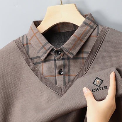 V-Neck Layered Sweater Shirt with Check Collar – Premium Winter Casual Wear