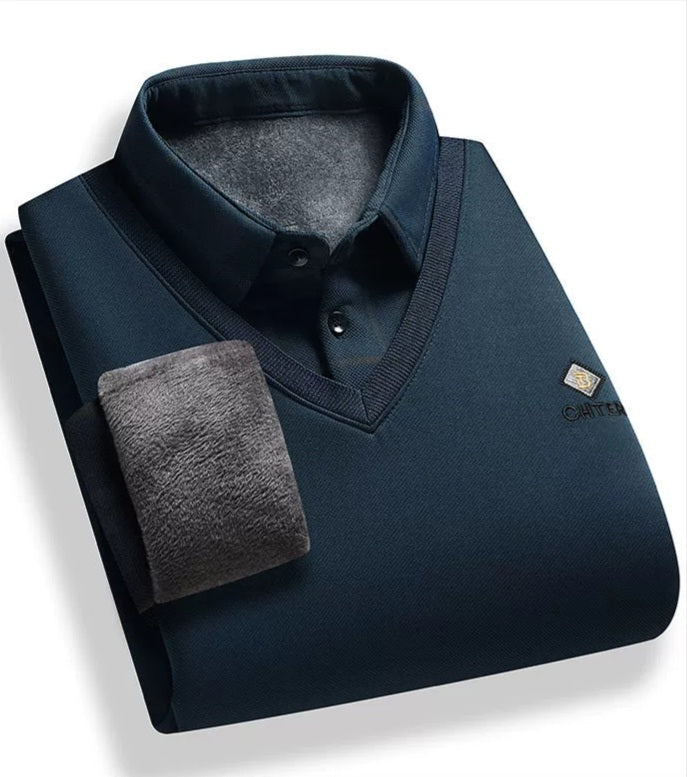 Premium V-Neck Winter Sweater with Built-In Checked Shirt Collar – Soft Warm Casual Wear