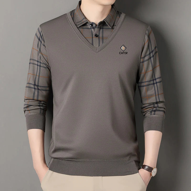 Premium V-Neck Sweater with Check Shirt Collar – Soft Knit Winter Wear