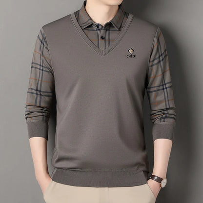 Premium V-Neck Sweater with Check Shirt Collar – Soft Knit Winter Wear