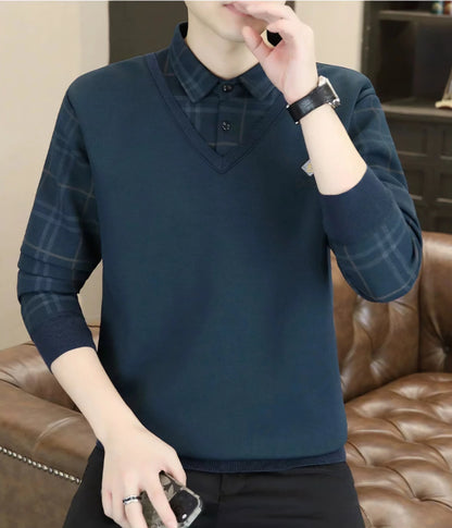 Premium V-Neck Sweater with Check Shirt Collar – Soft Knit Winter Wear