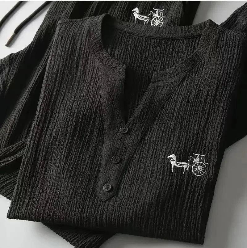 Premium Textured Henley T-Shirt – Button Neck Casual Wear