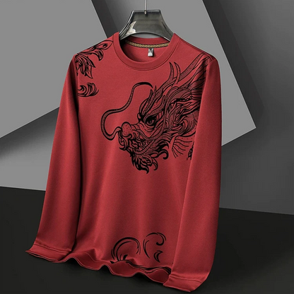 Dragon Graphic Long Sleeve Shirt – Vintage Asian Dragon Print Crewneck Top
