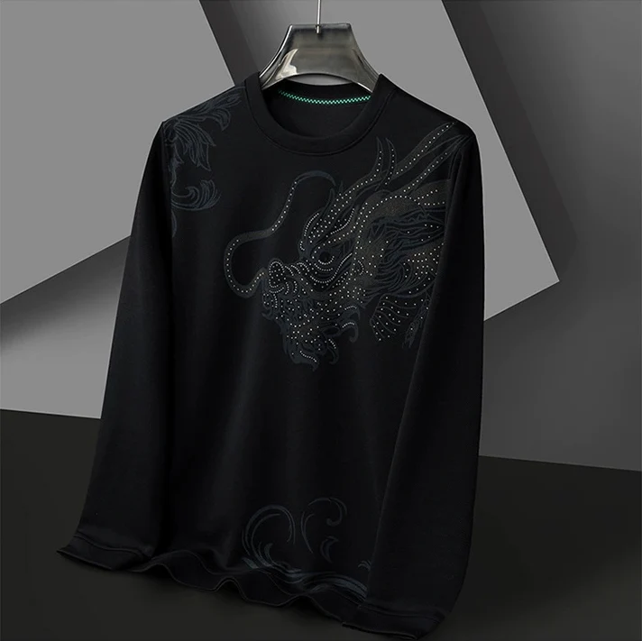 Dragon Graphic Long Sleeve Shirt – Vintage Asian Dragon Print Crewneck Top