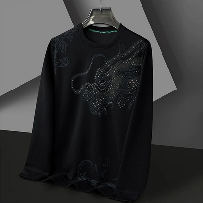 Dragon Graphic Long Sleeve Shirt – Vintage Asian Dragon Print Crewneck Top