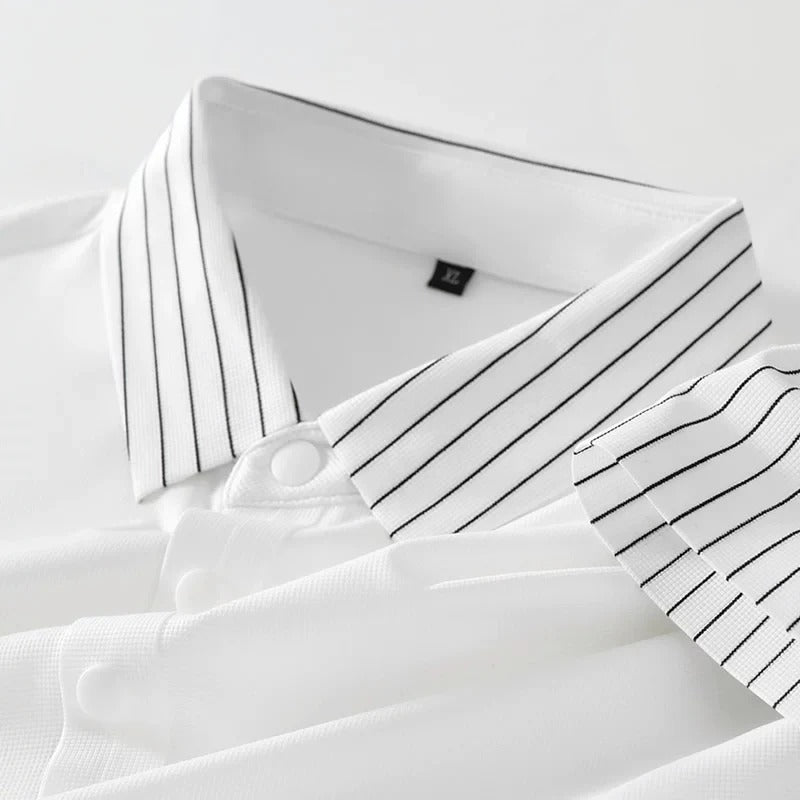 White Polo Shirt – Modern Striped Collar Short Sleeve Top