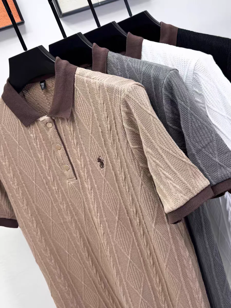 Textured Knit Polo Shirt – Contrast Collar Embroidered Short Sleeve Top