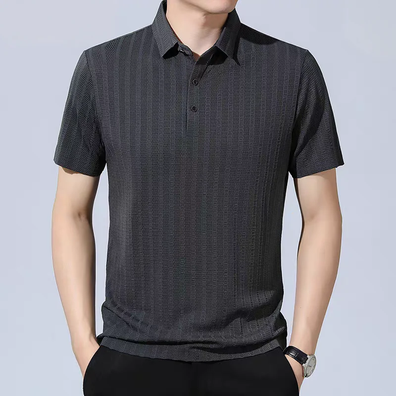 Textured Knit Polo Shirt – Breathable Ribbed Short Sleeve Top