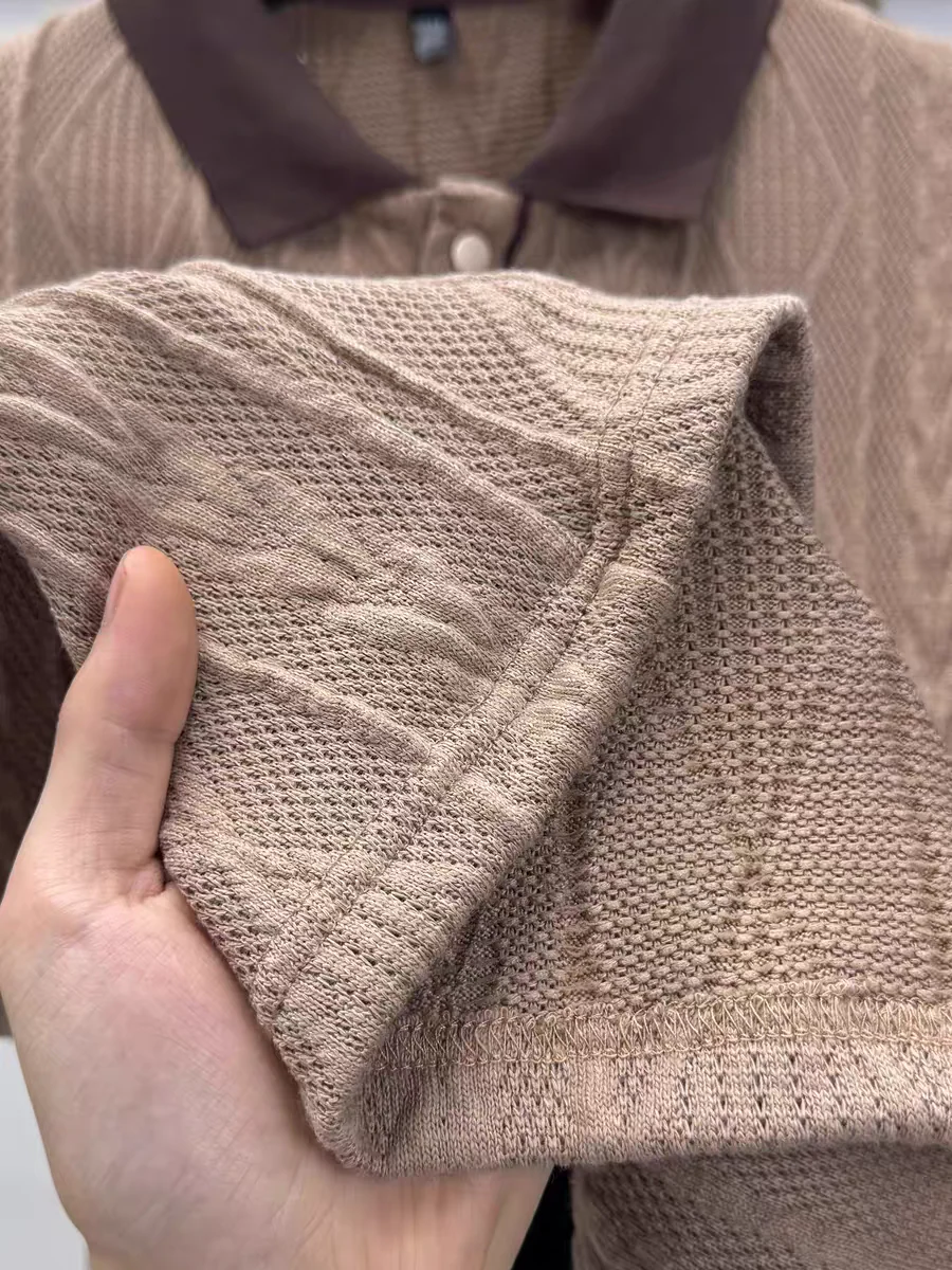 Textured Knit Polo Shirt – Contrast Collar Embroidered Short Sleeve Top