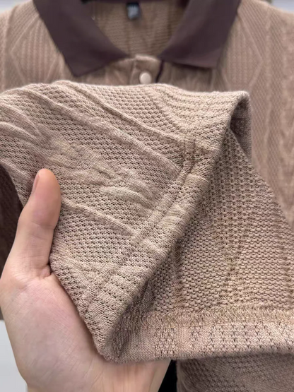 Textured Knit Polo Shirt – Contrast Collar Embroidered Short Sleeve Top