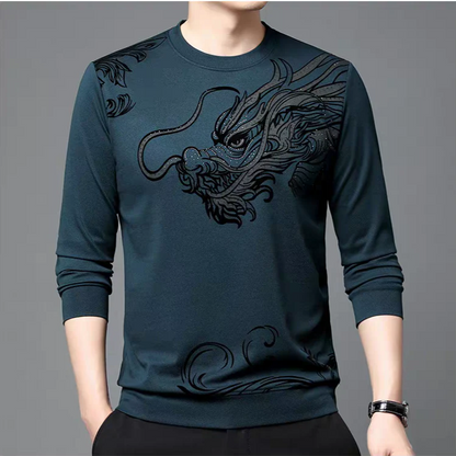 Dragon Graphic Long Sleeve Shirt – Vintage Asian Dragon Print Crewneck Top