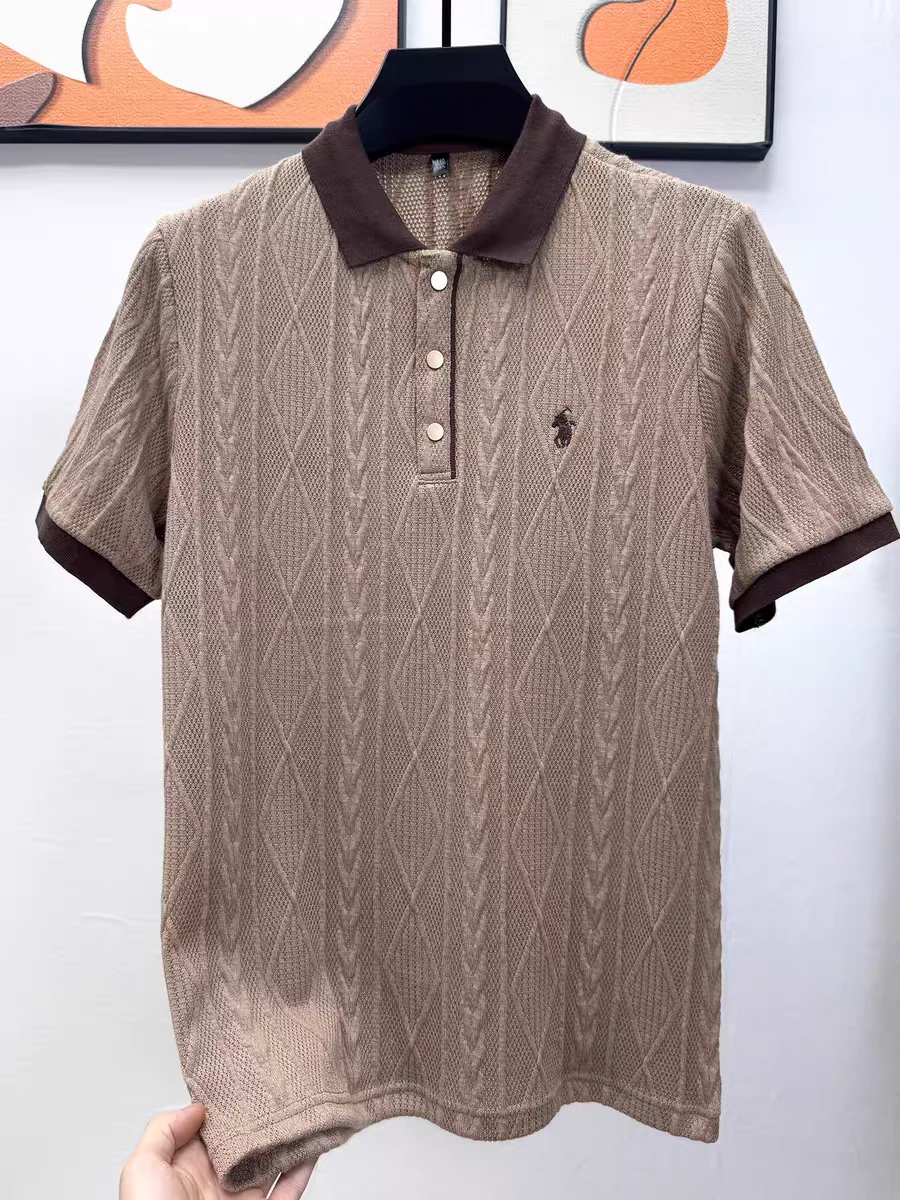 Textured Knit Polo Shirt – Contrast Collar Embroidered Short Sleeve Top