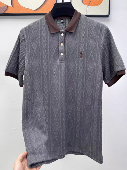 Textured Knit Polo Shirt – Contrast Collar Embroidered Short Sleeve Top