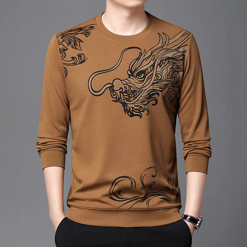 Dragon Graphic Long Sleeve Shirt – Vintage Asian Dragon Print Crewneck Top