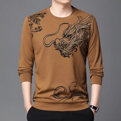 Dragon Graphic Long Sleeve Shirt – Vintage Asian Dragon Print Crewneck Top