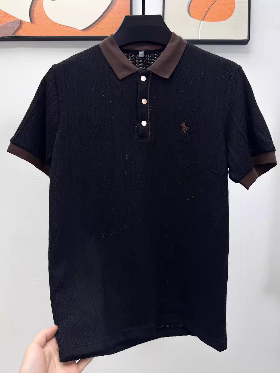 Textured Knit Polo Shirt – Contrast Collar Embroidered Short Sleeve Top