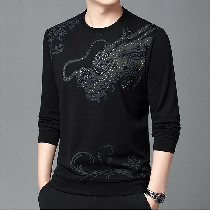 Dragon Graphic Long Sleeve Shirt – Vintage Asian Dragon Print Crewneck Top