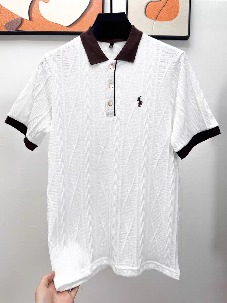 Textured Knit Polo Shirt – Contrast Collar Embroidered Short Sleeve Top