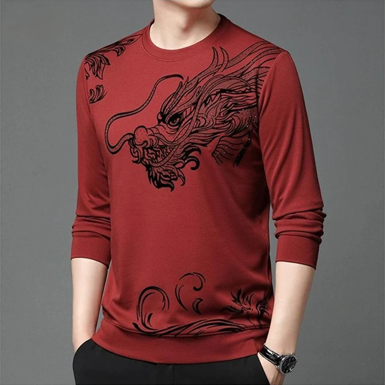 Dragon Graphic Long Sleeve Shirt – Vintage Asian Dragon Print Crewneck Top