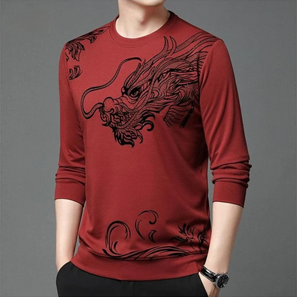 Dragon Graphic Long Sleeve Shirt – Vintage Asian Dragon Print Crewneck Top