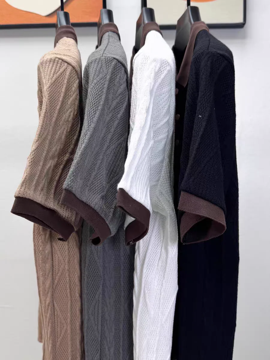 Textured Knit Polo Shirt – Contrast Collar Embroidered Short Sleeve Top