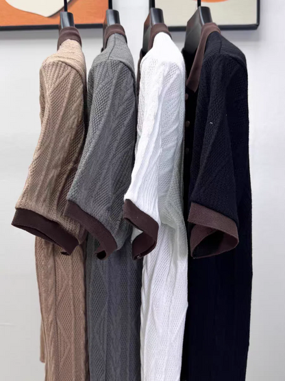 Textured Knit Polo Shirt – Contrast Collar Embroidered Short Sleeve Top