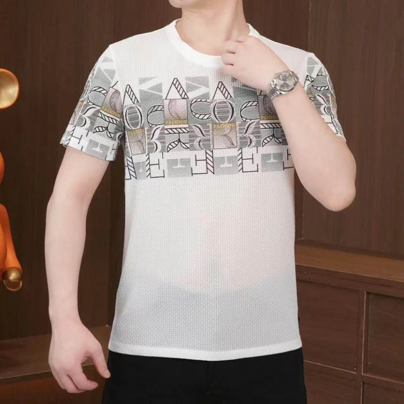 White Graphic T-Shirt – Modern Geometric Print Short Sleeve Tee