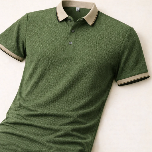 Green Textured Polo Shirt – Contrast Collar Short Sleeve Smart Casual Top