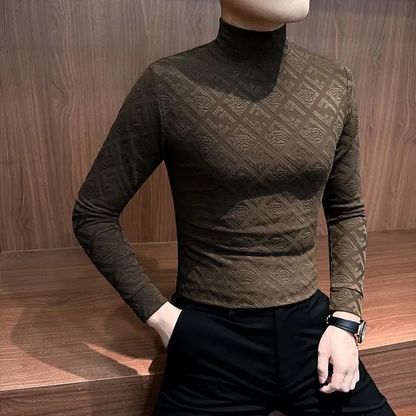 Textured Turtleneck Long Sleeve Shirt – Slim Fit Luxury Stretch Top