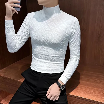 Textured Turtleneck Long Sleeve Shirt – Slim Fit Luxury Stretch Top