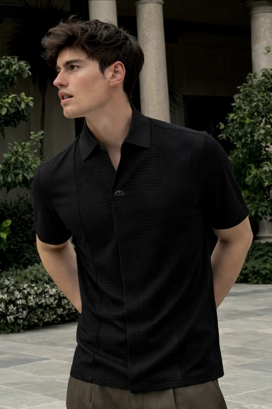 Luxury Black Polo Shirt – Minimalist Textured Short Sleeve Top