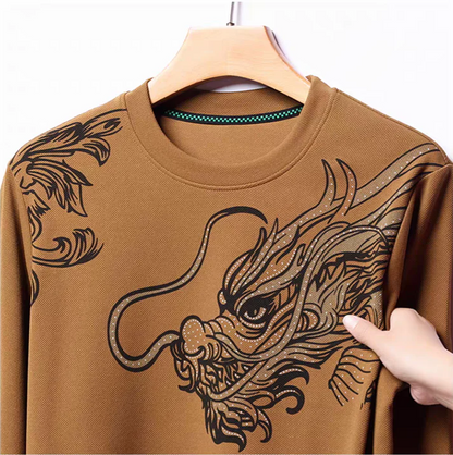 Dragon Graphic Long Sleeve Shirt – Vintage Asian Dragon Print Crewneck Top