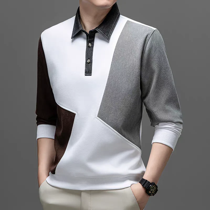 Colorblock Long Sleeve Polo – Modern Patchwork Casual Top