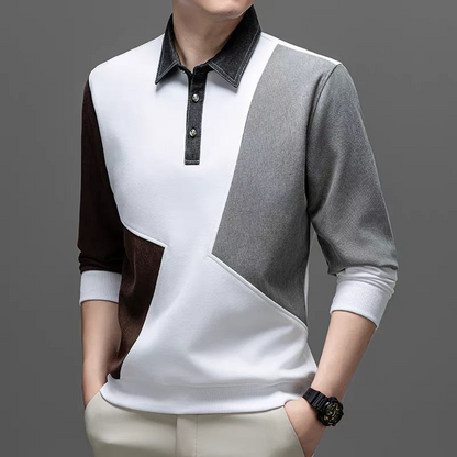 Colorblock Long Sleeve Polo – Modern Patchwork Casual Top
