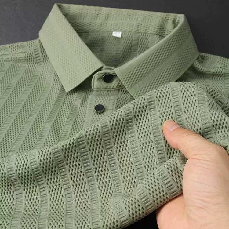 Textured Knit Polo Shirt – Breathable Ribbed Short Sleeve Top