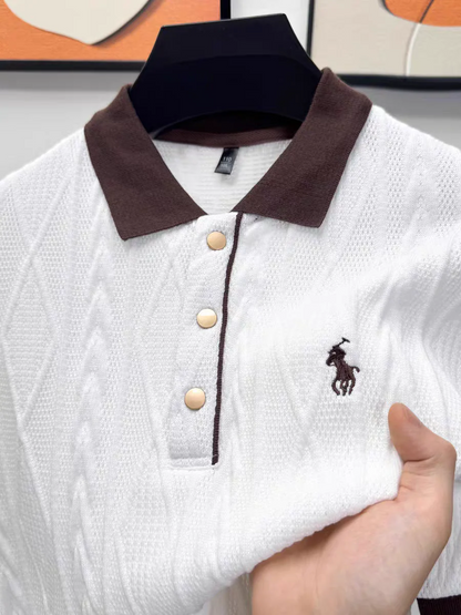 Textured Knit Polo Shirt – Contrast Collar Embroidered Short Sleeve Top